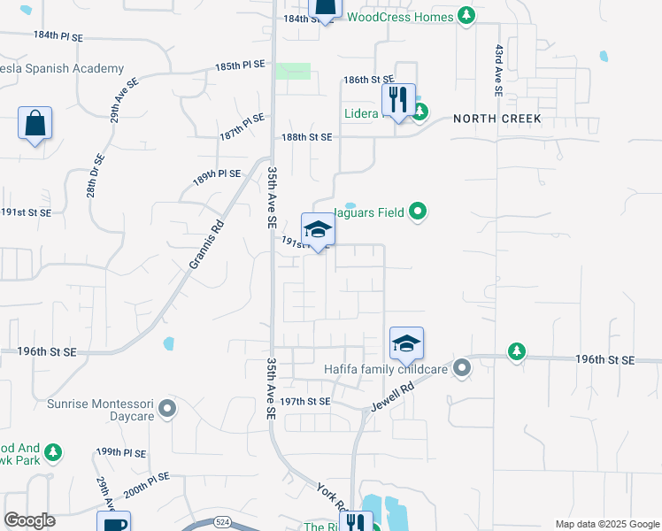 map of restaurants, bars, coffee shops, grocery stores, and more near 3717 192nd Place Southeast in Bothell