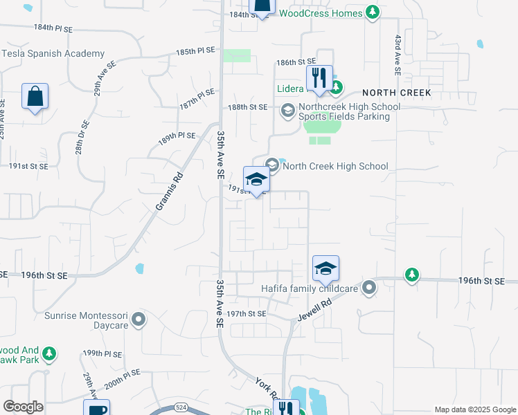 map of restaurants, bars, coffee shops, grocery stores, and more near 19216 37th Avenue Southeast in Bothell