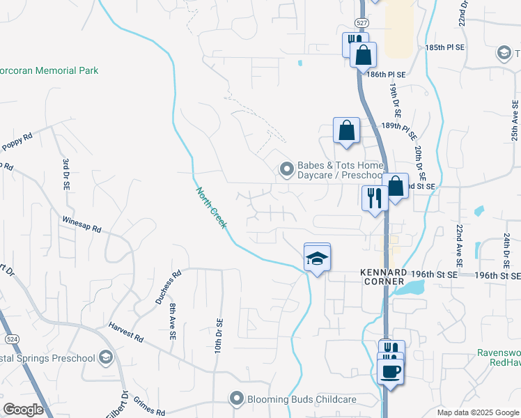 map of restaurants, bars, coffee shops, grocery stores, and more near 1332 192nd Street Southeast in Bothell