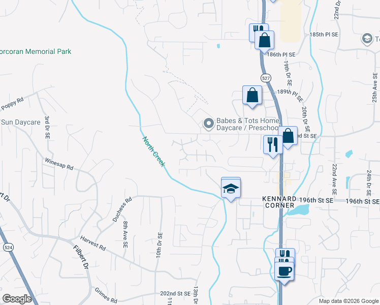 map of restaurants, bars, coffee shops, grocery stores, and more near 1332 192nd Street Southeast in Bothell