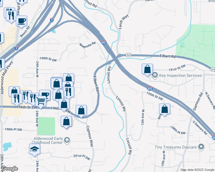 map of restaurants, bars, coffee shops, grocery stores, and more near 19314 Locust Way in Lynnwood