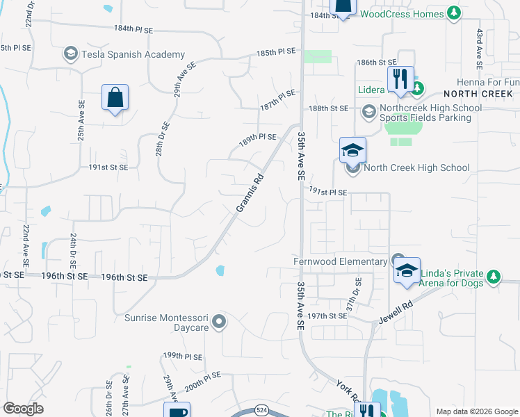 map of restaurants, bars, coffee shops, grocery stores, and more near 3323 193rd Place Southeast in Bothell