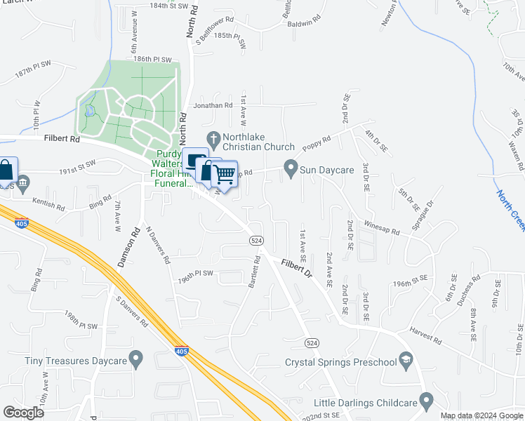 map of restaurants, bars, coffee shops, grocery stores, and more near 14 193rd Street Southwest in Bothell
