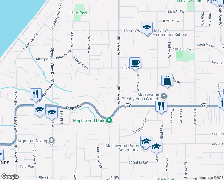 map of restaurants, bars, coffee shops, grocery stores, and more near 8820 194th Street Southwest in Edmonds