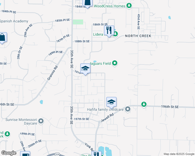 map of restaurants, bars, coffee shops, grocery stores, and more near 3717 192nd Place Southeast in Bothell
