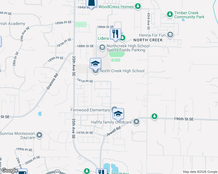 map of restaurants, bars, coffee shops, grocery stores, and more near 3819 192nd Place Southeast in Bothell