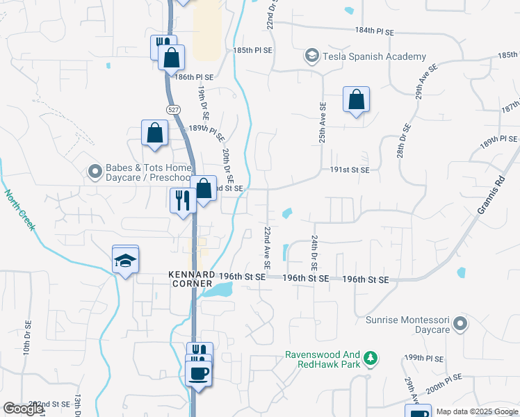 map of restaurants, bars, coffee shops, grocery stores, and more near 19224 22nd Avenue Southeast in Bothell