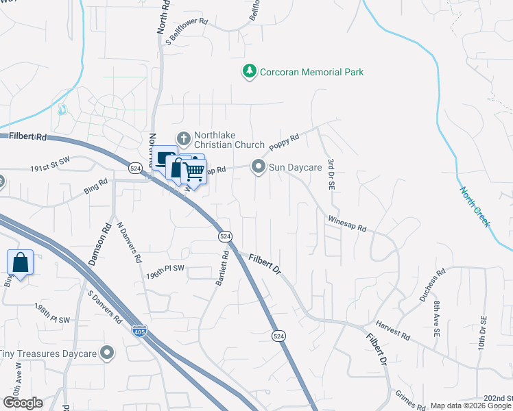 map of restaurants, bars, coffee shops, grocery stores, and more near 19227 Meridian Drive Southeast in Bothell