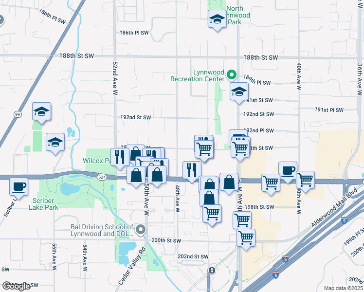 map of restaurants, bars, coffee shops, grocery stores, and more near 19324 48th Avenue West in Lynnwood