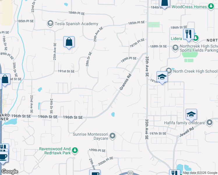 map of restaurants, bars, coffee shops, grocery stores, and more near 3028 Stafford Way Southeast in Bothell