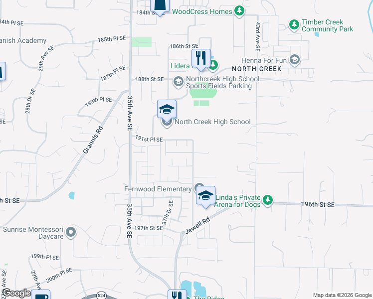 map of restaurants, bars, coffee shops, grocery stores, and more near 3819 192nd Place Southeast in Bothell