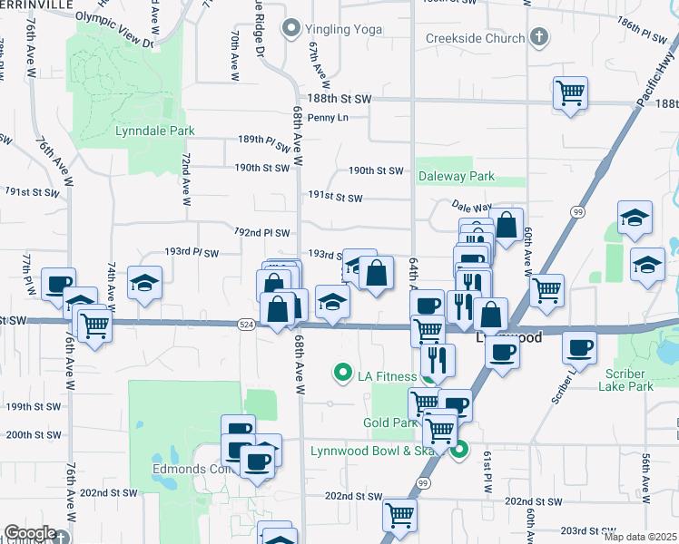 map of restaurants, bars, coffee shops, grocery stores, and more near 19404 66th Avenue West in Lynnwood