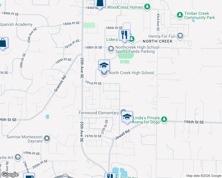 map of restaurants, bars, coffee shops, grocery stores, and more near 3717 192nd Place Southeast in Bothell