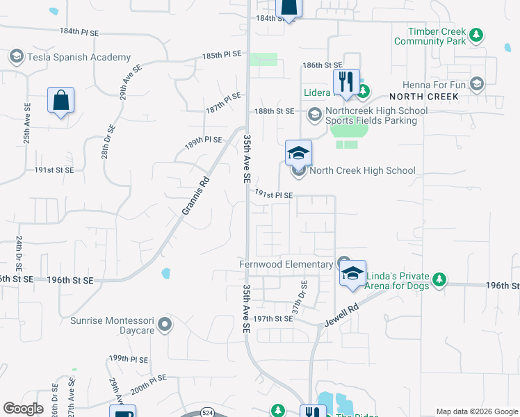 map of restaurants, bars, coffee shops, grocery stores, and more near 19223 35th Avenue Southeast in Bothell