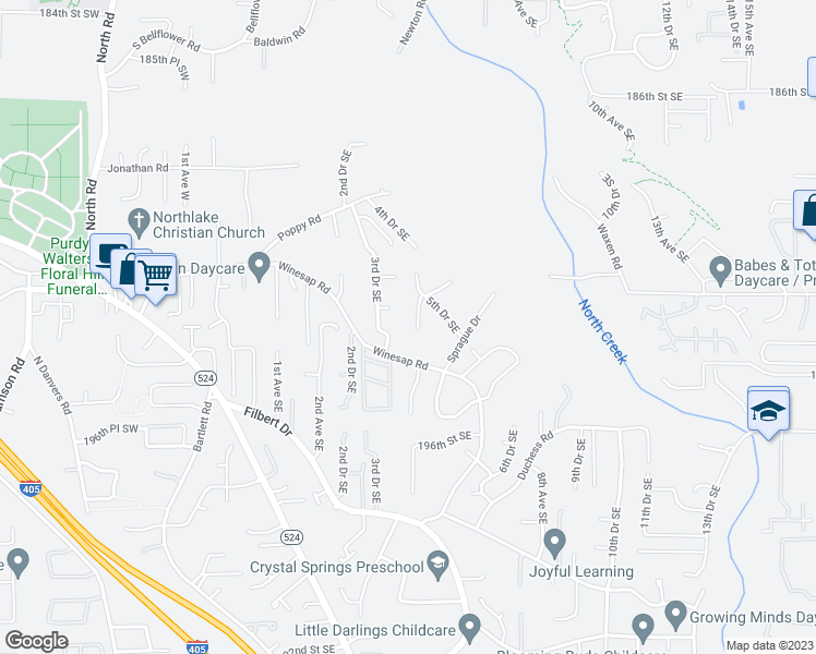 map of restaurants, bars, coffee shops, grocery stores, and more near 19232 4th Drive Southeast in Bothell
