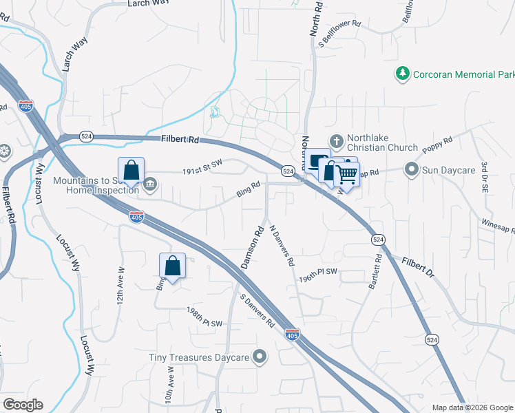 map of restaurants, bars, coffee shops, grocery stores, and more near 19306 Damson Road in Lynnwood
