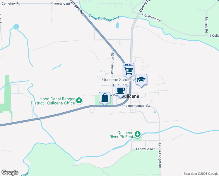 map of restaurants, bars, coffee shops, grocery stores, and more near 280 Washington Street in Quilcene