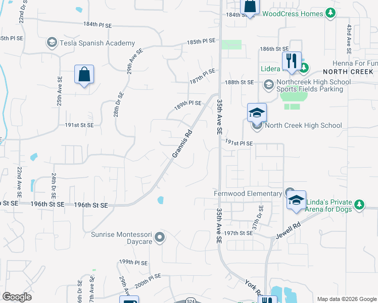 map of restaurants, bars, coffee shops, grocery stores, and more near 3323 193rd Place Southeast in Bothell