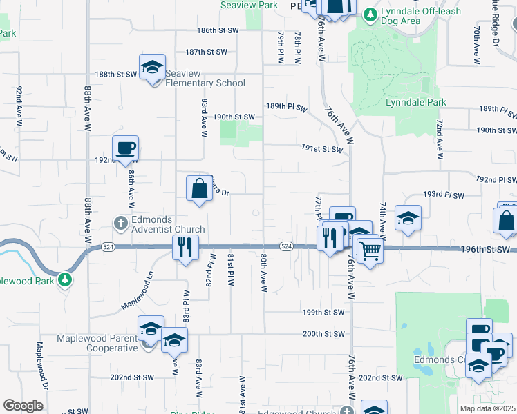 map of restaurants, bars, coffee shops, grocery stores, and more near 8005 194th Place Southwest in Edmonds