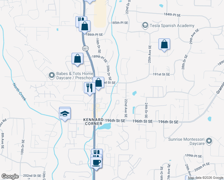 map of restaurants, bars, coffee shops, grocery stores, and more near 2000 192nd Street Southeast in Bothell