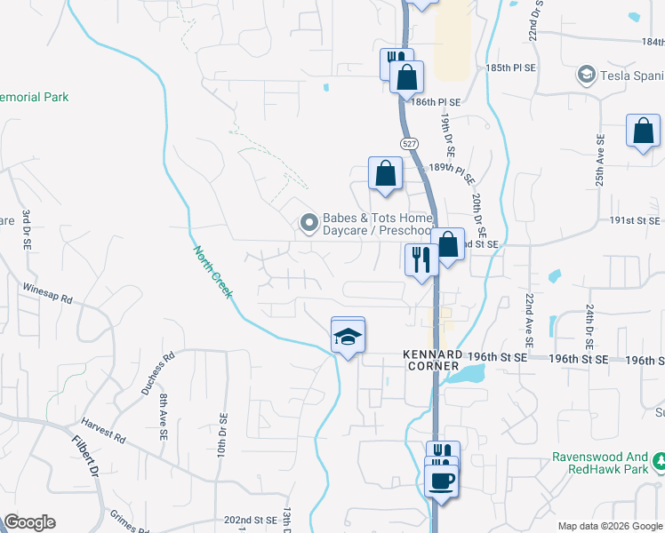map of restaurants, bars, coffee shops, grocery stores, and more near 1411 192nd Place Southeast in Bothell
