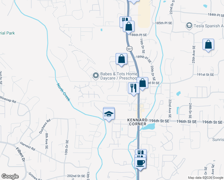 map of restaurants, bars, coffee shops, grocery stores, and more near 1526 192nd Street Southeast in Bothell