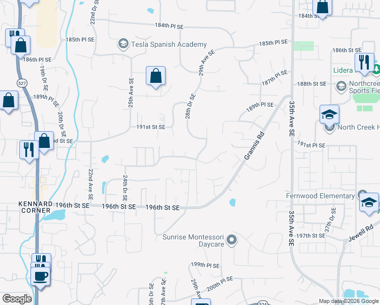 map of restaurants, bars, coffee shops, grocery stores, and more near 19217 28th Drive Southeast in Bothell