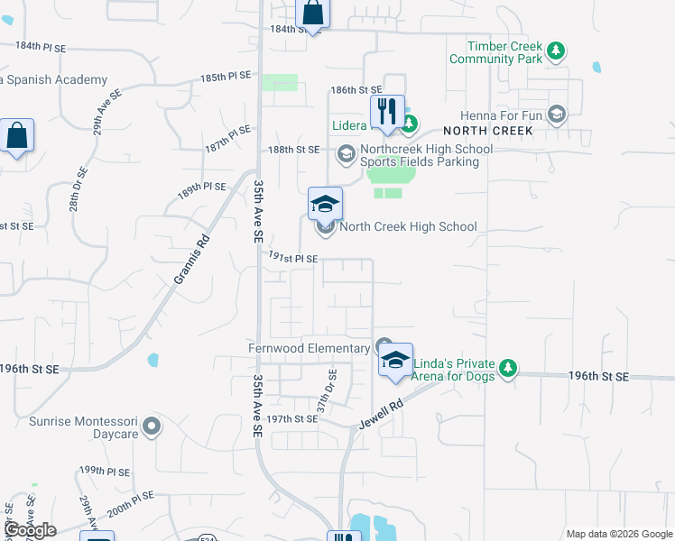 map of restaurants, bars, coffee shops, grocery stores, and more near 3717 192nd Place Southeast in Bothell