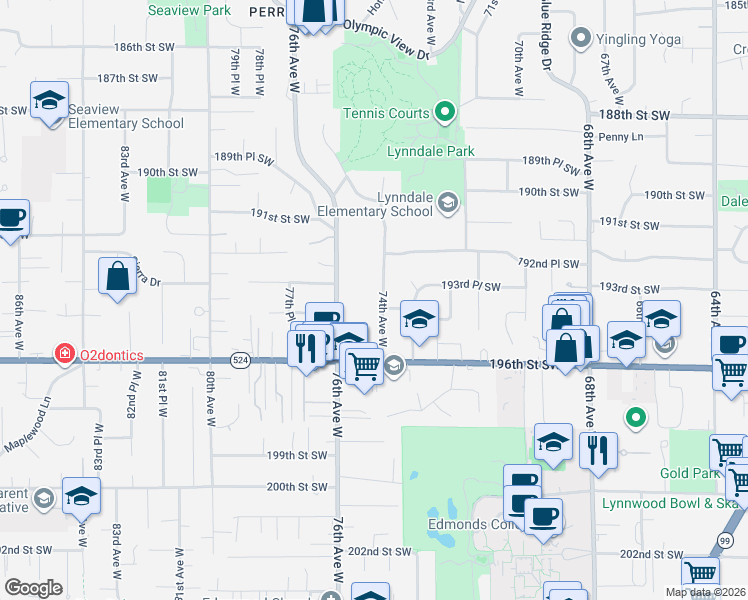 map of restaurants, bars, coffee shops, grocery stores, and more near 19410 74th Avenue West in Lynnwood