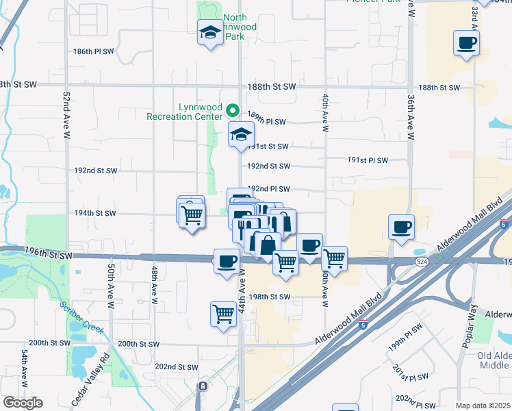 map of restaurants, bars, coffee shops, grocery stores, and more near 19321 44th Avenue West in Lynnwood
