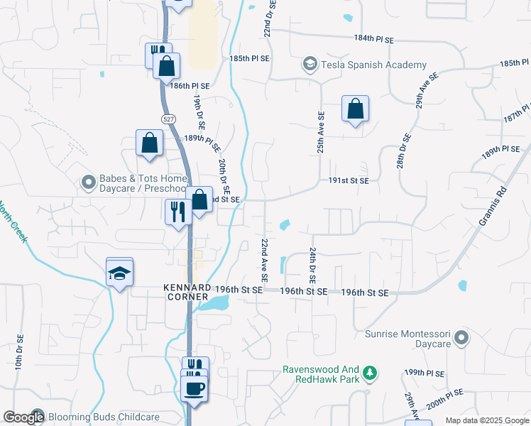 map of restaurants, bars, coffee shops, grocery stores, and more near 19224 22nd Avenue Southeast in Bothell