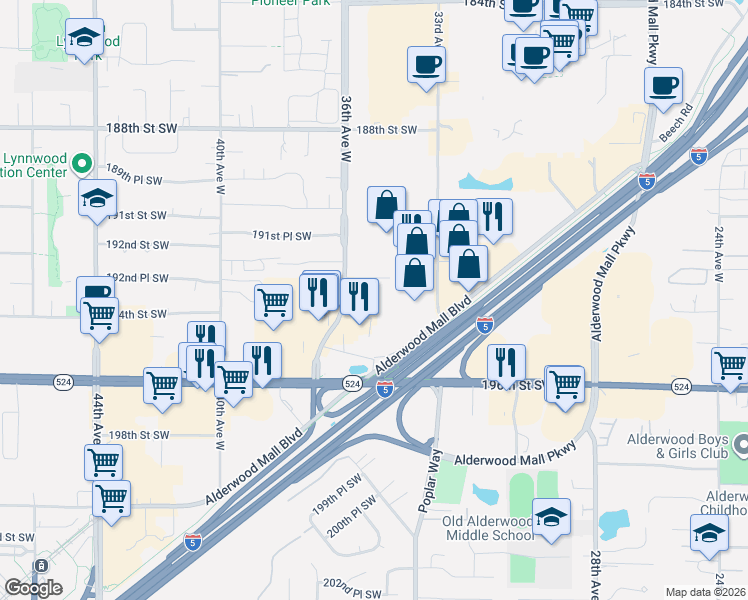 map of restaurants, bars, coffee shops, grocery stores, and more near 19313 36th Avenue West in Lynnwood