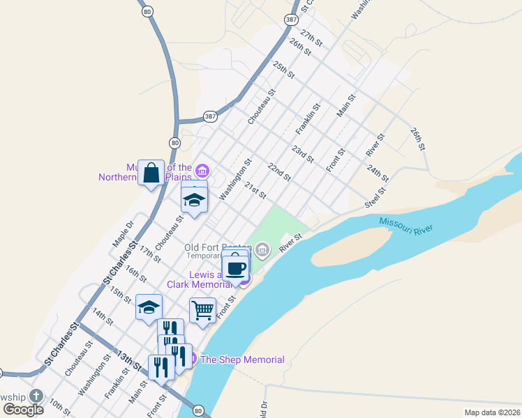 map of restaurants, bars, coffee shops, grocery stores, and more near 901-999 20th St in Fort Benton