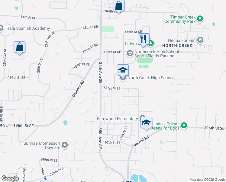 map of restaurants, bars, coffee shops, grocery stores, and more near 3605 192nd Street Southeast in Bothell