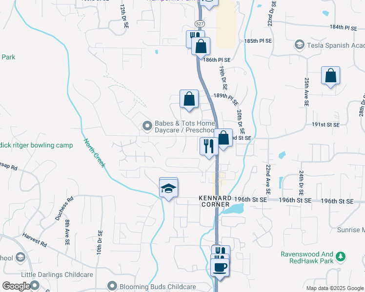 map of restaurants, bars, coffee shops, grocery stores, and more near 1526 192nd Street Southeast in Bothell