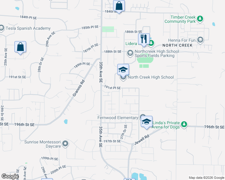 map of restaurants, bars, coffee shops, grocery stores, and more near 3605 192nd Street Southeast in Bothell