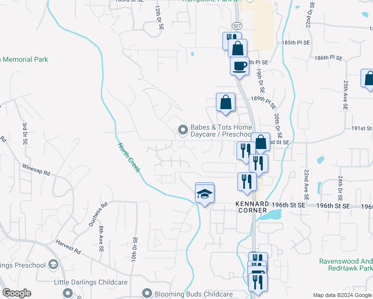 map of restaurants, bars, coffee shops, grocery stores, and more near 1322 192nd Street Southeast in Bothell