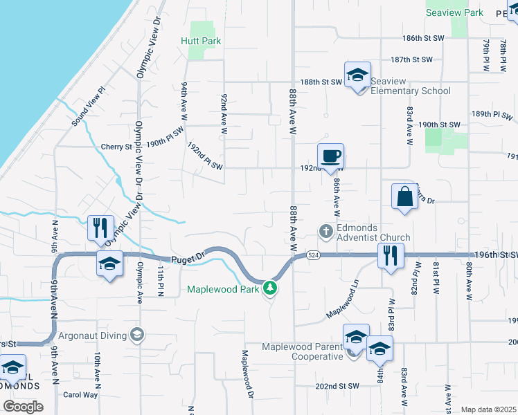 map of restaurants, bars, coffee shops, grocery stores, and more near 19310 89th Place West in Edmonds