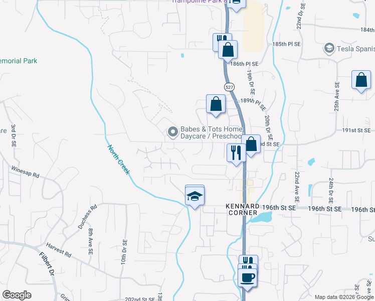 map of restaurants, bars, coffee shops, grocery stores, and more near 1411 192nd Place Southeast in Bothell
