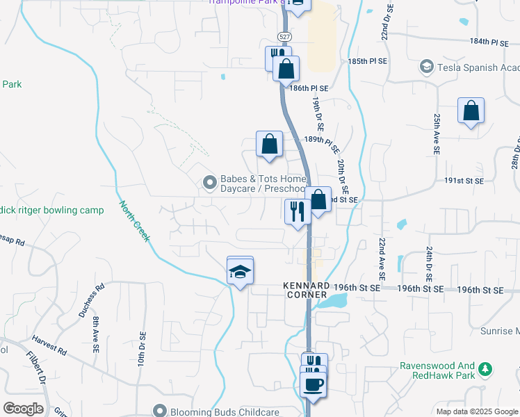 map of restaurants, bars, coffee shops, grocery stores, and more near 1526 192nd Street Southeast in Bothell