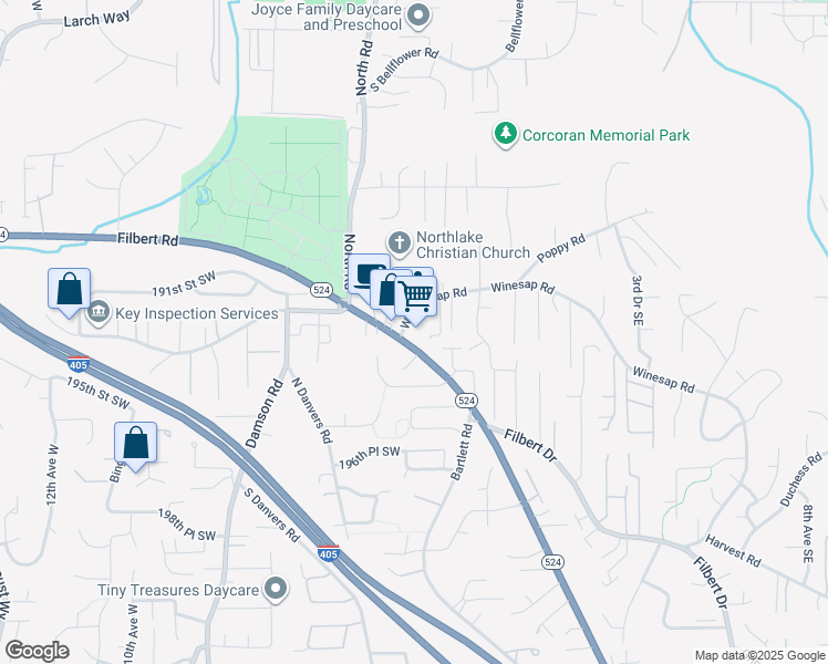 map of restaurants, bars, coffee shops, grocery stores, and more near 19226 Filbert Road in Bothell