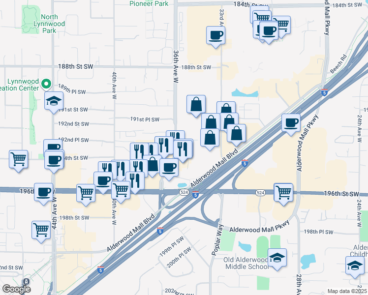 map of restaurants, bars, coffee shops, grocery stores, and more near 19309 36th Avenue West in Lynnwood