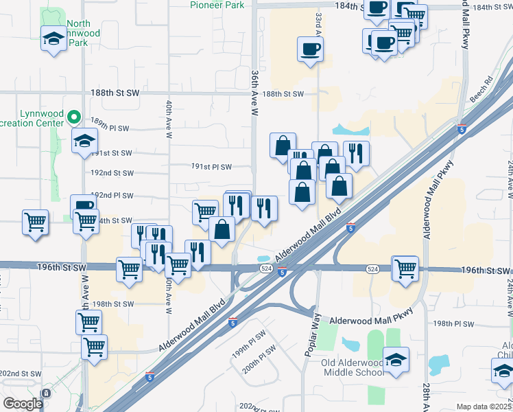 map of restaurants, bars, coffee shops, grocery stores, and more near 19309 36th Avenue West in Lynnwood