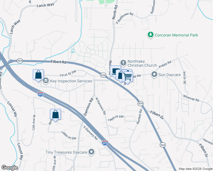 map of restaurants, bars, coffee shops, grocery stores, and more near 19225 Damson Road in Lynnwood
