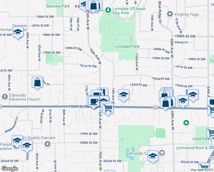 map of restaurants, bars, coffee shops, grocery stores, and more near 19319 76th Avenue West in Lynnwood