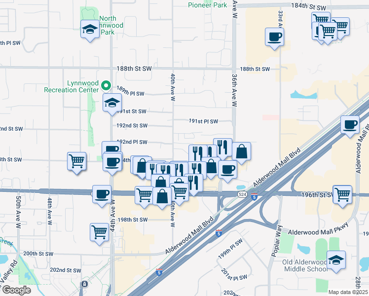 map of restaurants, bars, coffee shops, grocery stores, and more near 19309 40th Avenue West in Lynnwood