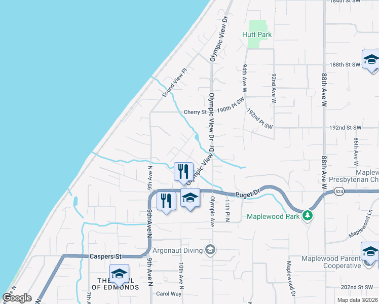 map of restaurants, bars, coffee shops, grocery stores, and more near 1036 Euclid Avenue in Edmonds