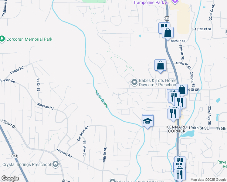 map of restaurants, bars, coffee shops, grocery stores, and more near 1332 192nd Street Southeast in Bothell