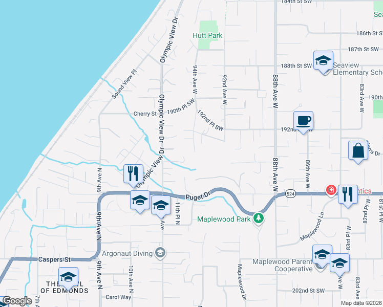 map of restaurants, bars, coffee shops, grocery stores, and more near 19314 94th Avenue West in Edmonds