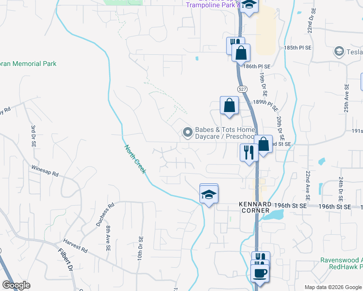 map of restaurants, bars, coffee shops, grocery stores, and more near 1307 192nd Place Southeast in Bothell